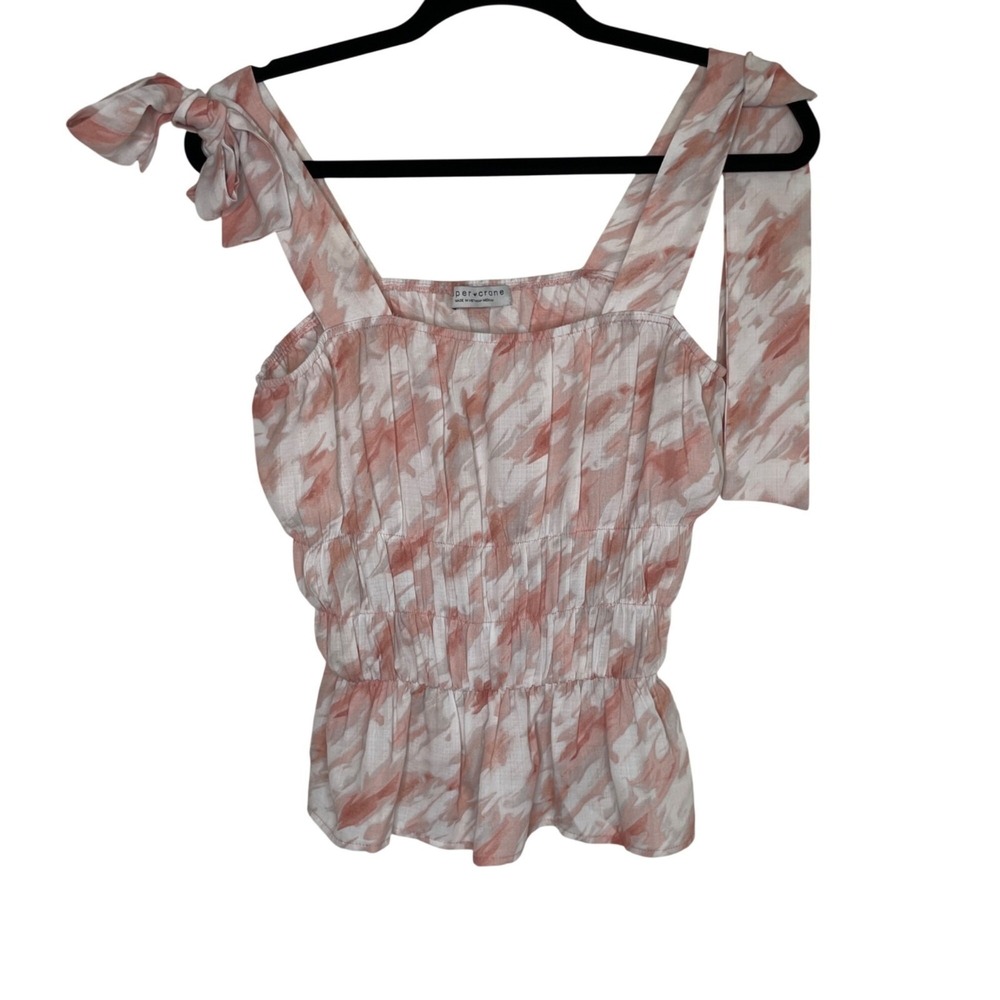 Paper Crane Top Womens Medium Coral White Abstractโ Smocked Tie Shoulder